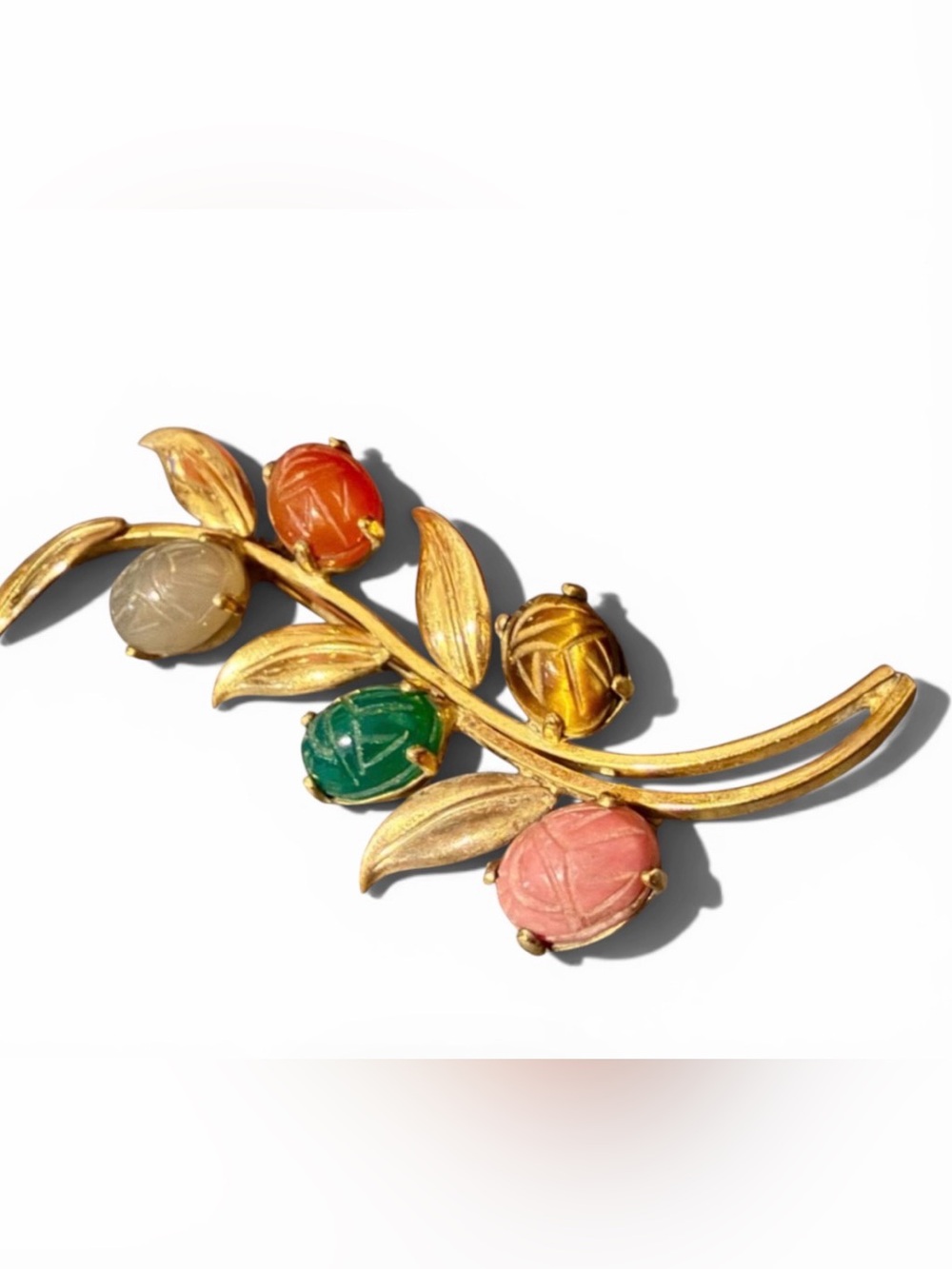 Vintage 12K Gold Filled Carved Gemstone Scarab Leaf Brooch/ Pin